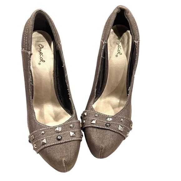 Quipid Tweed Like Pointed Toe Platform Stiletto High Herms with Metal Accent 8:5 - Picture 1 of 9